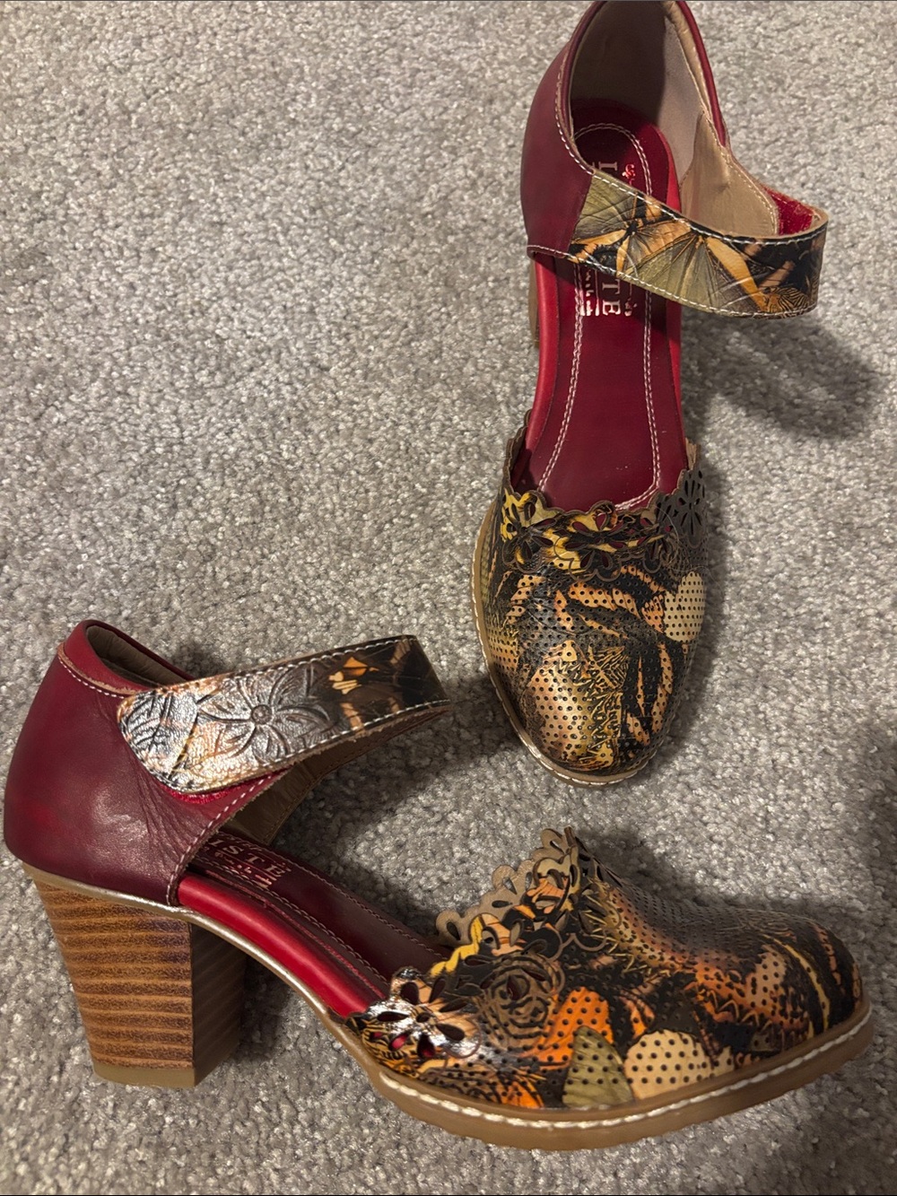 Unique Red Floral Patterned Leather Mary Jane Heels by L’Artiste